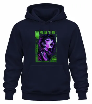 Immagine prodotto di Felpa con cappuccio, stile cyberpunk, ispirata a creature vampiresche, con stampe manga, in tessuto tecnico, colore blu navy, taglia 3XL