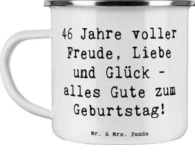 Produktbild von Mr. & Mrs. Panda Emaille Tasse Spruch 46. Geburtstag - Weiß - Geschenk, Happy Birthday, Kaffeepott, Teetasse, Alter, Pott, Geburtstagsdekoration, Geburtstagsgeschenk
