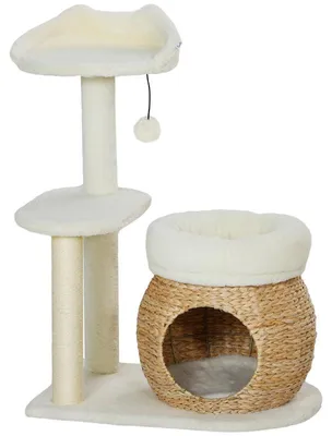 Obrázok produktu pre Mačací stromček s pelieškami a mačacím domčekom | Farba: Krémová biela | Rozmery: 40x60x79 cm
