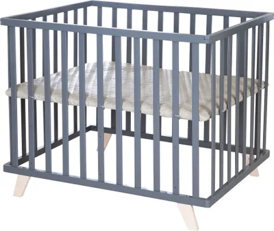 Produktbild von rba Laufgitter 75 x 100 cm aus Holz anthrazit - Laufstall für Babys inkl. Schutzeinlage Greyish gesteppt - Höhenverstellbar - Füße aus Massivholz