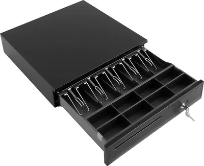 Produktbild von Kassenschublade - Metall Geldlade - 3-Stufen-Schloss - 5 Scheinfächer 8 Münzfächer - RJ11 Anschluss - 42,5x40,5x10 cm - Schwarz