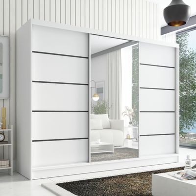 Schwebetürenschrank, 3-türig Schrank 200 cm mit Spiegel AURELIA 2 (Weiß, Schwarz, Sonoma, Eiche Kraft gold)