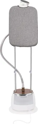 A standing garment steamer with a fabric-covered board and a white base.
