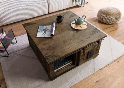 Image de MASSIVMOEBEL24 | Table basse 90x90x45 en bois de manguier laqué marron RAILWAY #3006