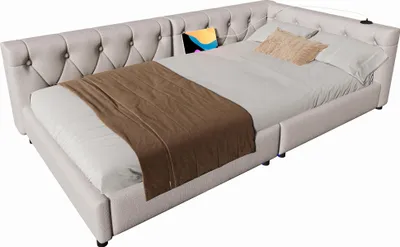 Produktbild von Merax Tagesbett Schlafsofa 90x200 cm, LED-Leiste mit Fernbedienung, USB+Typ-C, Knopftuft-Rückenlehne, Lattenrost, Polsterbett, Leinen Daybett, Beige