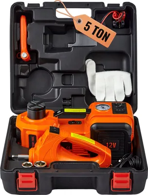 An orange and black electric hydraulic jack kit is displayed inside its black carrying case.