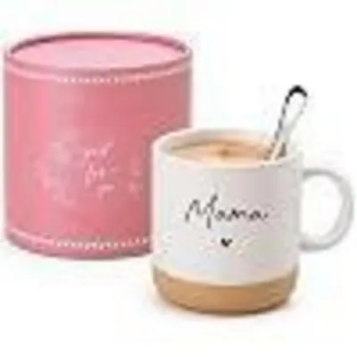 Produktbild von Kaffeebecher mit Löffel & Geschenkbox 360 ml Keramik Rosa Mama Motiv