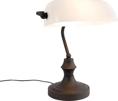 Produktbild von QAZQA - Klassisch I Antik Klassische Notarlampe schwarz mit Opalglas - Banker I Wohnzimmer I Schlafzimmer I Bankerleuchte - Länglich - LED geeignet E27