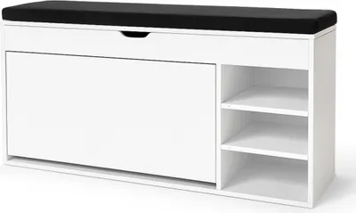 A white shoe cabinet with a black upholstered seat on top, shown against a white background.