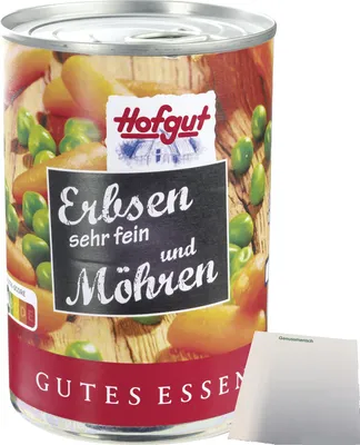 Produktbild von Hofgut Erbsen sehr fein mit Möhren (425ml Dose) + usy Block
