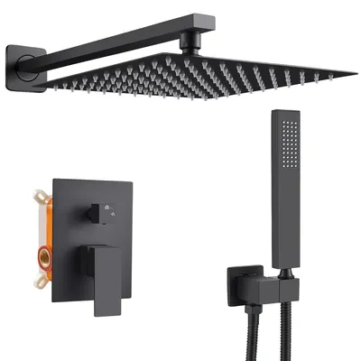 Produktbild von Unterputz Duscharmatur Regenduschsystem - Massivmessing - Mattschwarz - 10 Zoll Kopfbrause - Mit Handbrause