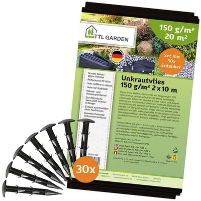 Produktbild von TTL GARDEN Unkrautvlies Set 20m² 2x10m 150g/m² + 30 Erdanker schwarz