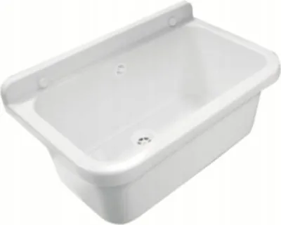 A white sink basin with a raised back edge and a drain.