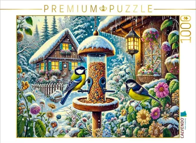 Produktbild von CALVENDO Puzzle Kohlmeisen am Futterhaus | 1000 Teile Lege-Größe 64x48cm Foto-Puzzle für glückliche Stunden