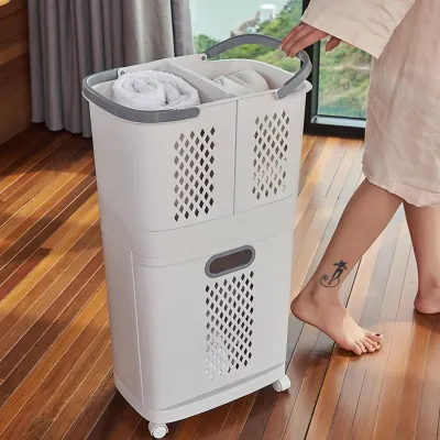 Image de Panier à linge à ouverture et fermeture par le bas avec étagère de rangement pour salle de bain