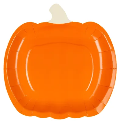 Orangefarbener Pappteller in Kürbisform mit abgerundeten Konturen und kleinem Stiel als Halloween Partygeschirr.