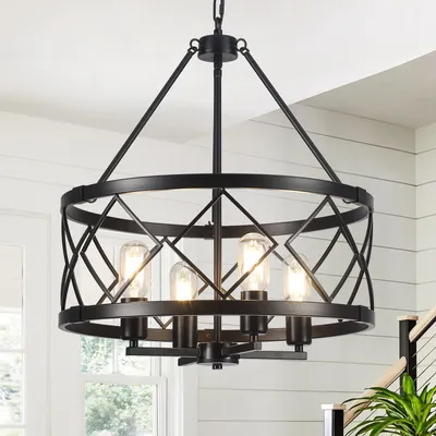 Schwarzer Kronleuchter mit 4 Lampen, Landhausstil, Deckenlampe