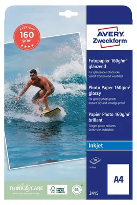 Produktbild von Avery Zweckform 2415, Everyday Inkjet Fotopapier, A4, einseitig beschichtet, 160 g/m², 50 Blatt