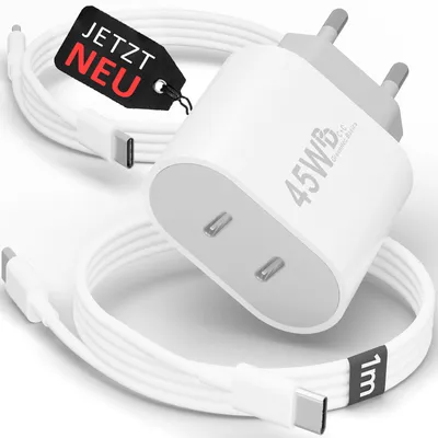 Produktbild von 45W USB-C Schnellladegerät Charger mit GaN-Technologie für Handy, iPhone, Samsung S21-S25, Tablet, iPad Dual Port PD - Ladegerät + 2x 1m Kabel