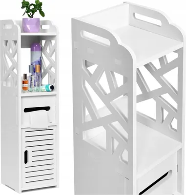 Obrázek produktu pro Stojící koupelnová skříňka jako vysoká skříňka 80 cm, otevřená police na toaletní papír a kosmetiku, úzká 21×20 cm, uzamykatelná přihrádka, držák na toaletní papír, odolná proti vlhkosti, bílá