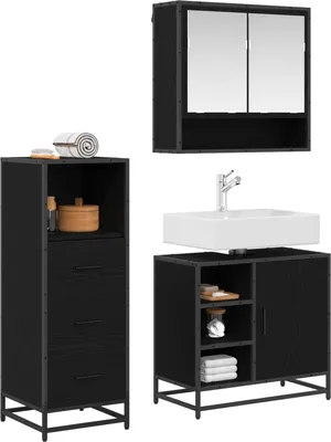Image de vidaXL Ensemble de meubles de salle de bain, 3 pièces, noir, imitation chêne, matériau composite en bois