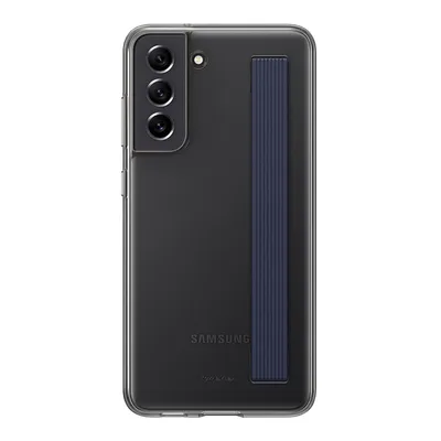 The back of a black Samsung S21 FE smartphone with a blue strap accessory attached.