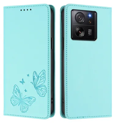 Produktbild von Lederhülle für Xiaomi 13T /Xiaomi 13T Pro, Schmetterling Prägung Leder Brieftasche Schutzhülle mit Ständer Türkis