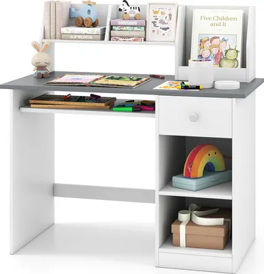 Produktbild von COSTWAY Kinderschreibtisch, Schülerschreibtisch, Studiertisch mit Bücherregal, Tastaturauszug & Schublade, Schreibtisch für Kinder von 3-6 Jahren