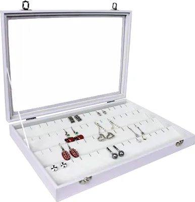 Produktbild von Schaukasten für Anhänger Ketten Ohrringe Glasdeckel mit Schlitz schräg weiss