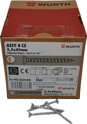 Produktbild von Würth Assy 4 CS Spanplattenschraube 3,5x40mm, 500 Stk/Pack, Stahl verzinkt, Vollgewinde, Senkkopf RW 20