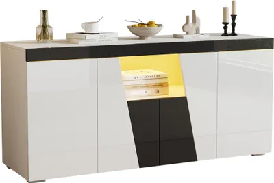 Produktbild von Wohnzimmer-Sideboard,Großer Aufbewahrungsschrank mit 3 Schränken und 4 Türen,Abgewinkeltes Design + Farbblockierung,Moderne Kommode mit LED-Lichtleist