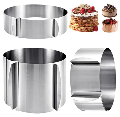 Image de Moules à gâteau réglables, 3 pièces, en acier inoxydable, de différentes hauteurs : 5 cm, 8 cm, 15 cm. Moules à gâteau réglables, diamètre de 16 à 30 cm. Moules à gâteau ronds réglables, cadres de cuisson ronds pour la pâtisserie et la décoration