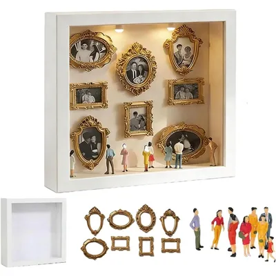 Produktbild von DIY Mini Figurenmuseum Set - Bilderrahmen mit LED - 8 Goldene Mini-Rahmen & 8 Dekofiguren, Weiß