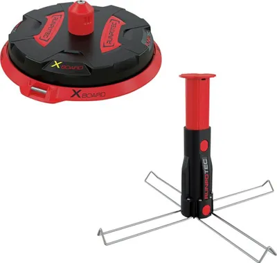 Two parts of a cable drum unroller set are shown against a white background. The top left shows the main drum unroller, and the bottom right shows a central spindle with legs.