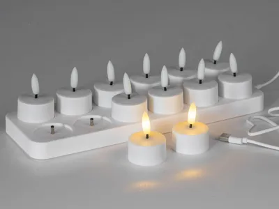 Produktbild von LED Akku Teelichter 12 Stück mit Ladestation weiß Formano