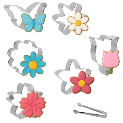 Produktbild von Set mit 6 blumenförmigen Ausstechformen und Eisklammern aus Edelstahl. Blumen-, Frühlings-, Schmetterlings- und Osterformen für Kekse, Kuchen und Pralinen.