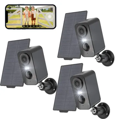 Image de 3 pièces caméra de surveillance extérieure solaire, 2K WLAN caméra sans fil pour l'extérieur avec détection de mouvement IA