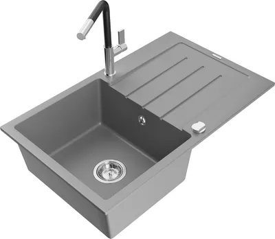 Produktbild von Mexen Bruno 1 Becken-Granitspüle mit Abtropffläche und Mischbatterie Flora, Grau - 6513-71-670401-07