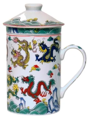 Produktbild von Keramik Teetasse mit Deckel + Sieb für Losen Tee mit Asiatischem (Drachen, 043), Asiatisches Motiv, Porzellan, Tee-Becher