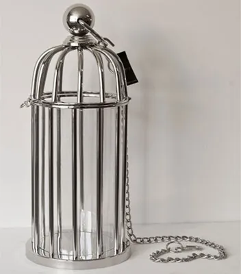 Produktbild von Casa Padrino Luxus Kerzenleuchter Messing vernickelt im Vogelkäfig Design 21 x H. 48 cm - Hotel Restaurant Accessoires Windlicht Ständer Hurricane
