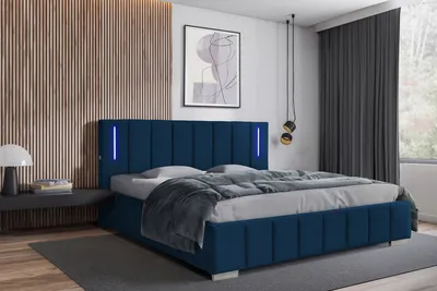 Produktbild von Polsterbett 180 x 200 cm mit Bettkasten und Matratze Lattenrost, Bonellmatratze H3, LED-Beleuchtung Velours Dunkelblau Ankona