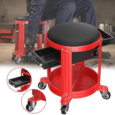Image de Tabouret de travail pivotant - Siège de mécanicien mobile - Capacité de charge élevée - Charge maximale de 150 kg - Assise rembourrée - Roulettes à 360° - Rangement à outils et tiroirs - Noir et rouge