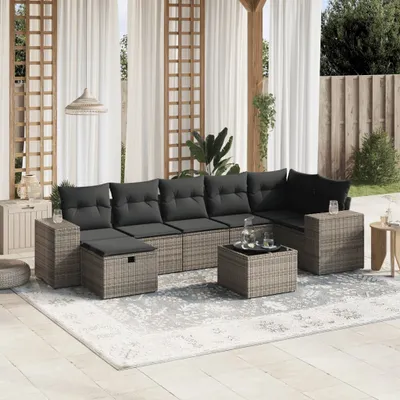 Produktbild von Design 8-tlg. Garten-Sofagarnitur mit Kissen Grau Poly Rattan, Gartenmöbel-Sets 2024 Neu