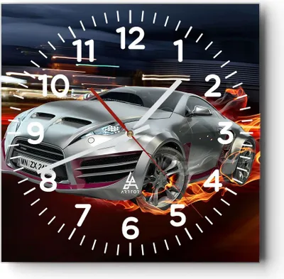 Produktbild von Wanduhr - Quadrat - Glasuhr - Sportwagen Feuer Rauch - 30x30cm - Schleichendes Uhrwerk - Lautlos - zum Aufhängen bereit - Dekoration Modern - Wanddekoration aus Glas - C4AC30x30-2690