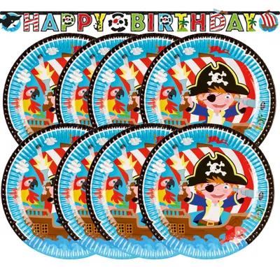 Übersicht über das Piraten-Party-Set mit acht Tellern und einem Happy-Birthday-Banner.