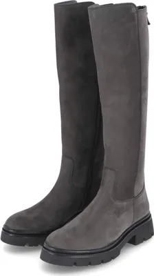 Two knee-high boots are shown side-by-side against a white background.