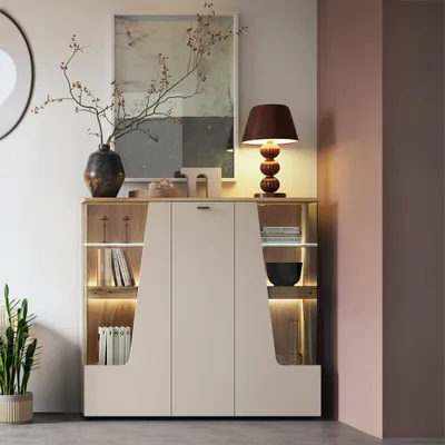 Produktbild von Wohnzimmer Highboard mit 150 cm Breite in Kaschmir und Eiche, 3 Türen - CARMONA-129