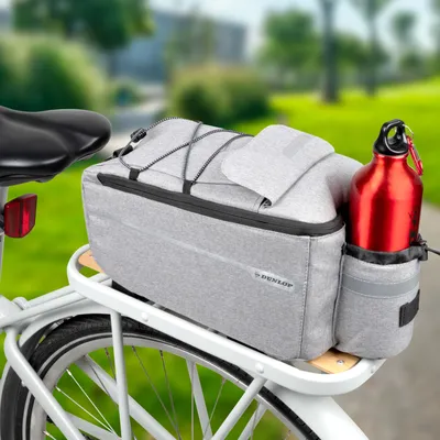 Produktbild von Dunlop Fahrradtasche für Gepäckträger 7 Liter - Kühltasche - Klettverschluss - mit Zusätzlichen Staufächern und Flaschenhalter - Isolierte Innenschicht - mit Schulterriemen - Grau
