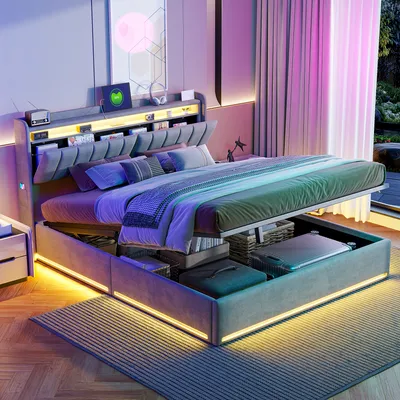 Produktbild von Fortuna Lai Doppelbett 160 x 200 cm mit Stauraum, Gepolstertes Bett mit LED-Beleuchtung und USB-Anschluss, Modernes Design in Veloursstoff, Ohne Matratze (Grau, 160 x 200 cm)