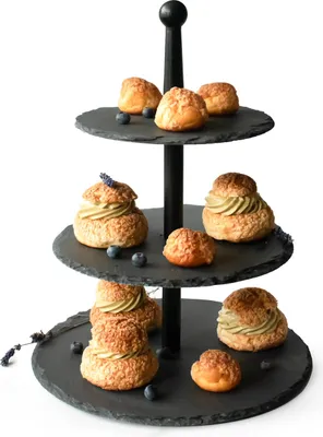 Immagine prodotto di Alzata per torta a 3 livelli in ardesia con stelo in legno Piatto per torta Alzata per torta Alzata per servire